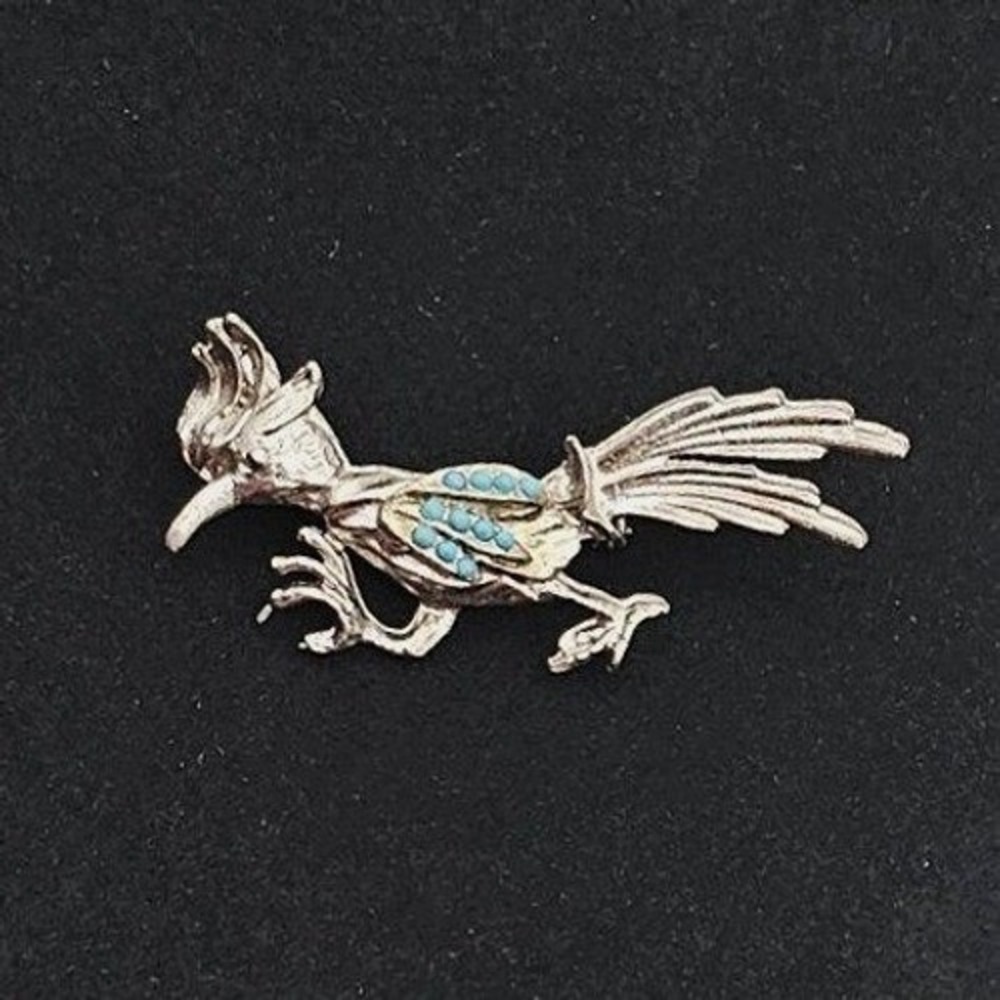 Vtg Roadrunner Bird Brooch Pin Silver Tone Faux Turquoise Beaded Southwestern